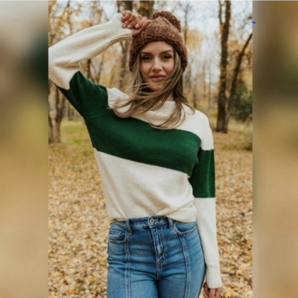 &merci Sweaters - &Merci Cream and Green Striped Crewneck Ribbed Cuff  Sweater Size Small